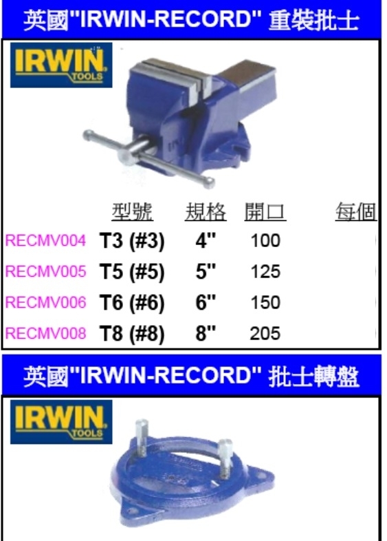 英國【IRWIN-RECORD】VICE 力確牌批士鉗/虎鉗,  全新